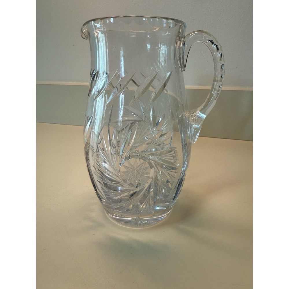 MCM 6" Leaded Crystal Cut Glass Pinwheel Starburst Handled Pitcher